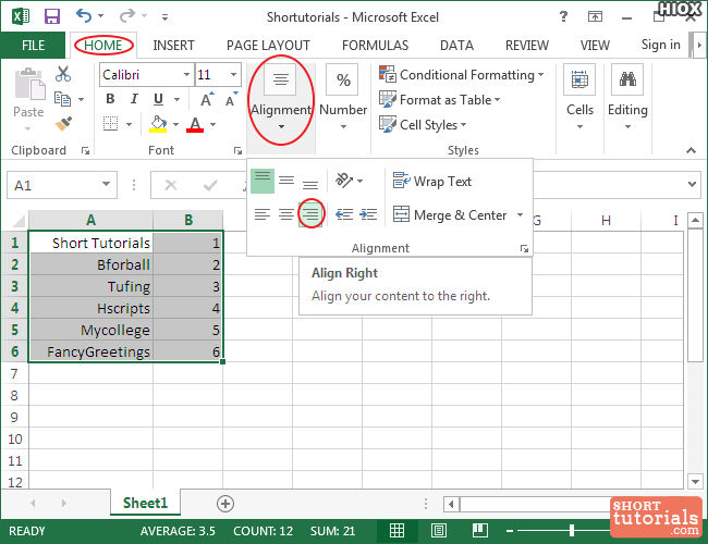 right alignment ms excel 2013