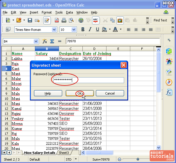 unprotect openoffice individual sheet1